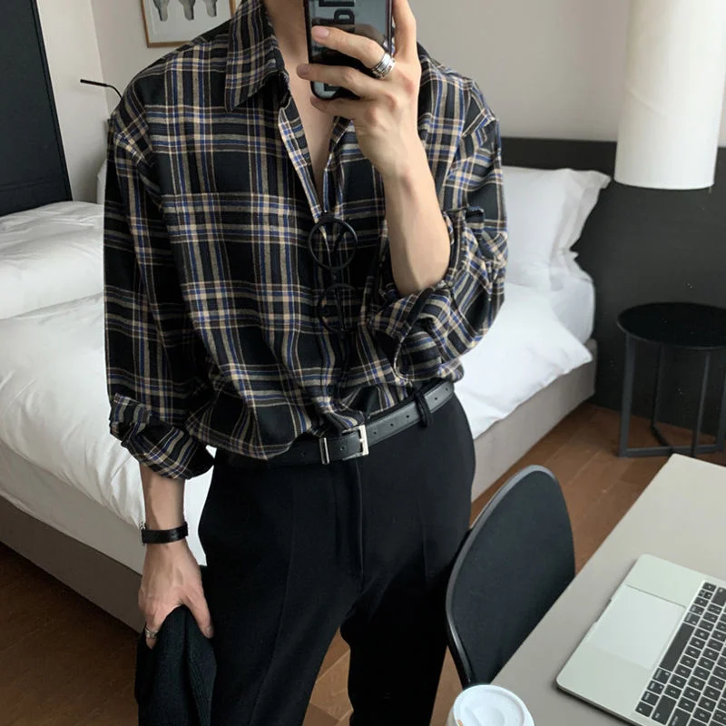 Spring Cotton Long Sleeve Shirt Men Fashion Retro Khaki Black Plaid Shirts Mens Korean Loose Oversized Casual Shirt Men M-2XL