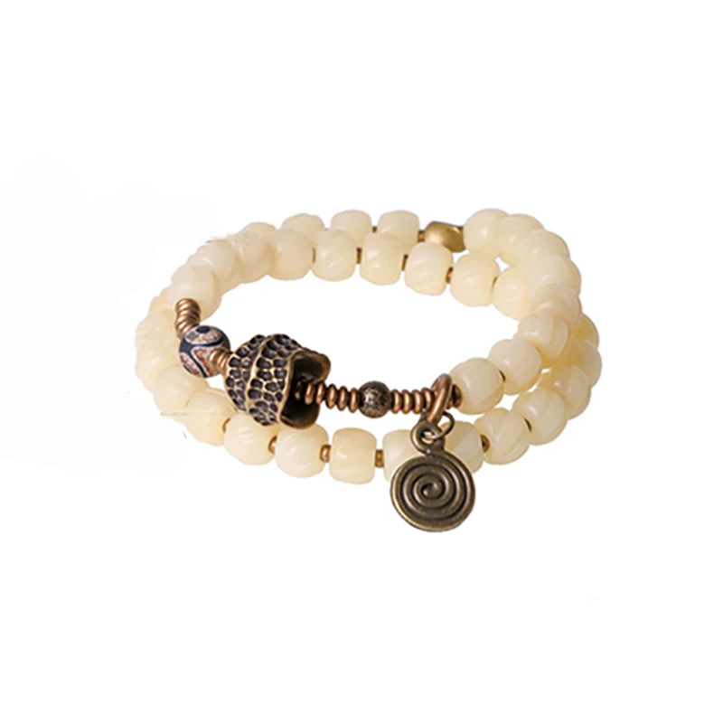 Trendy Two Row Tibetan Yak Bone Bead Bracelet Hammered Copper Charm Bead Prayer Peace Positive Energy Jewelry Mom Gift Girl