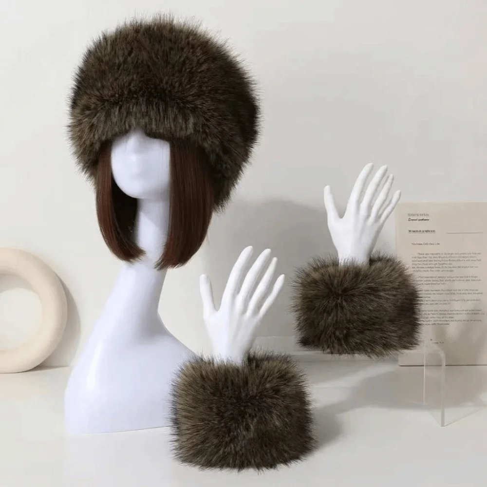 3Pcs/Set Retro Elastic Wide Fur Cuffs Hat Soft Furry Headband Wristband Set Windproof Empty Top Cap Warm Thick Hairband Adult 3