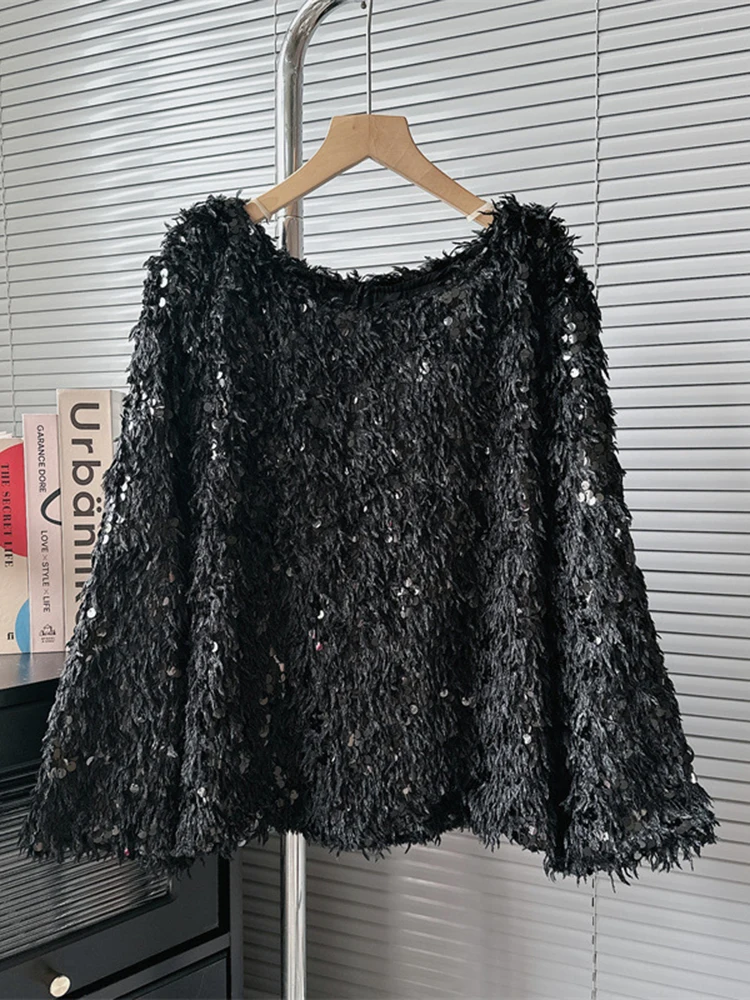 Loose O-neck Sequin Sparkling Knit Pullover Sweater For Women's Splice Long Sleeve Jumper  New Autumn Winter  X810