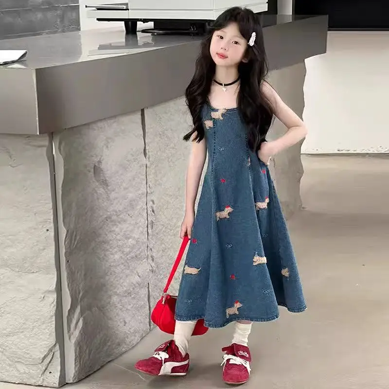 Girls' Summer Denim Dress 2026 Children's Embroidered Sleeveless Camisole Skirt Fashionable Vest Skirt
