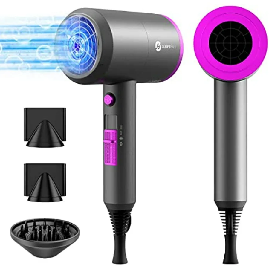 

Professional ionic hair dryer for home, salon, travel; ceramic-coated, black; 1800W fast drying with low noise, 2 concentrators