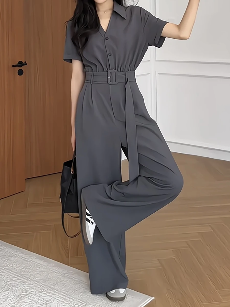 

plus Size Women's High Waist Wide Leg Jumpsuit Conceal Meat Slimming Summer 2025 Commute Sle Long Pants Belt Detail