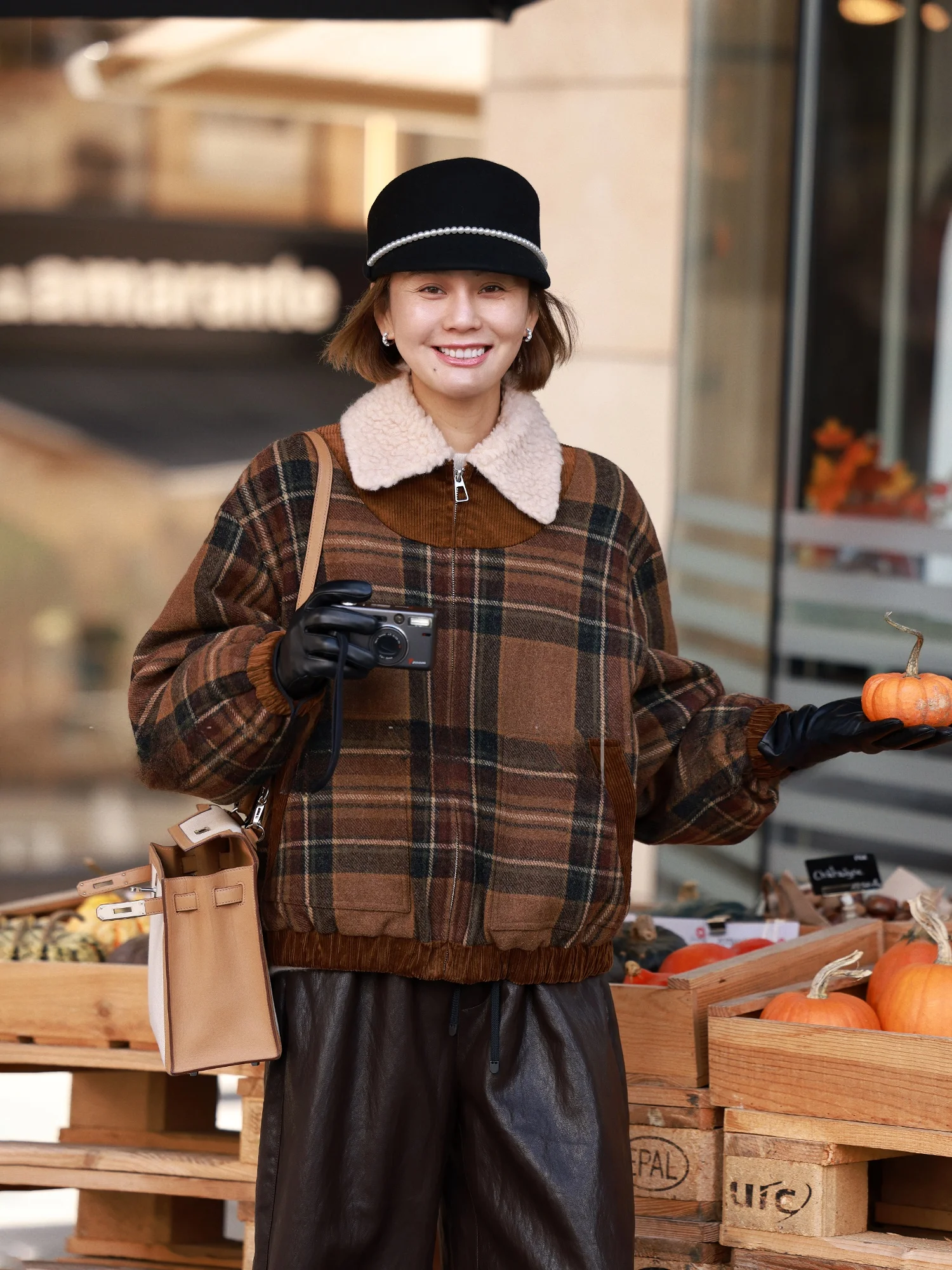

Винтажное пальто WinnieTang из верблюжьей шерсти в клетку с хлопковым наполнителем, теплая куртка с меховым воротником, женская укороченная верхняя одежда прямого кроя
