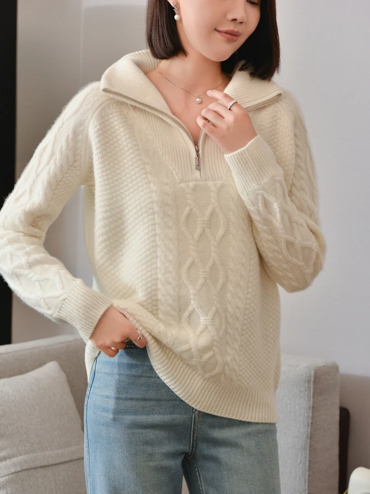 Women's Cashmere Sweaters with Zipper,High Neck Pullover,Long Sleeves Cardigan,Large Size Tops,Thick Warm Fashion Trends, Casual