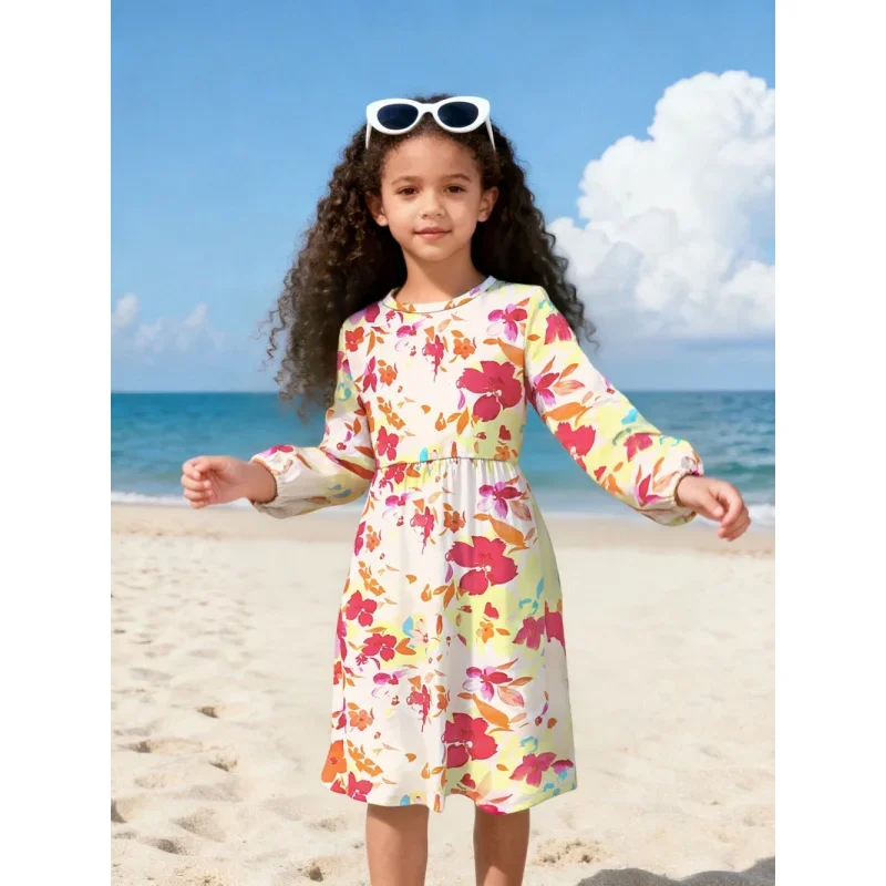 

2025 Girls Long Sleeve Floral Print Dress Casual Vacation Style Sweet Floral Dress
