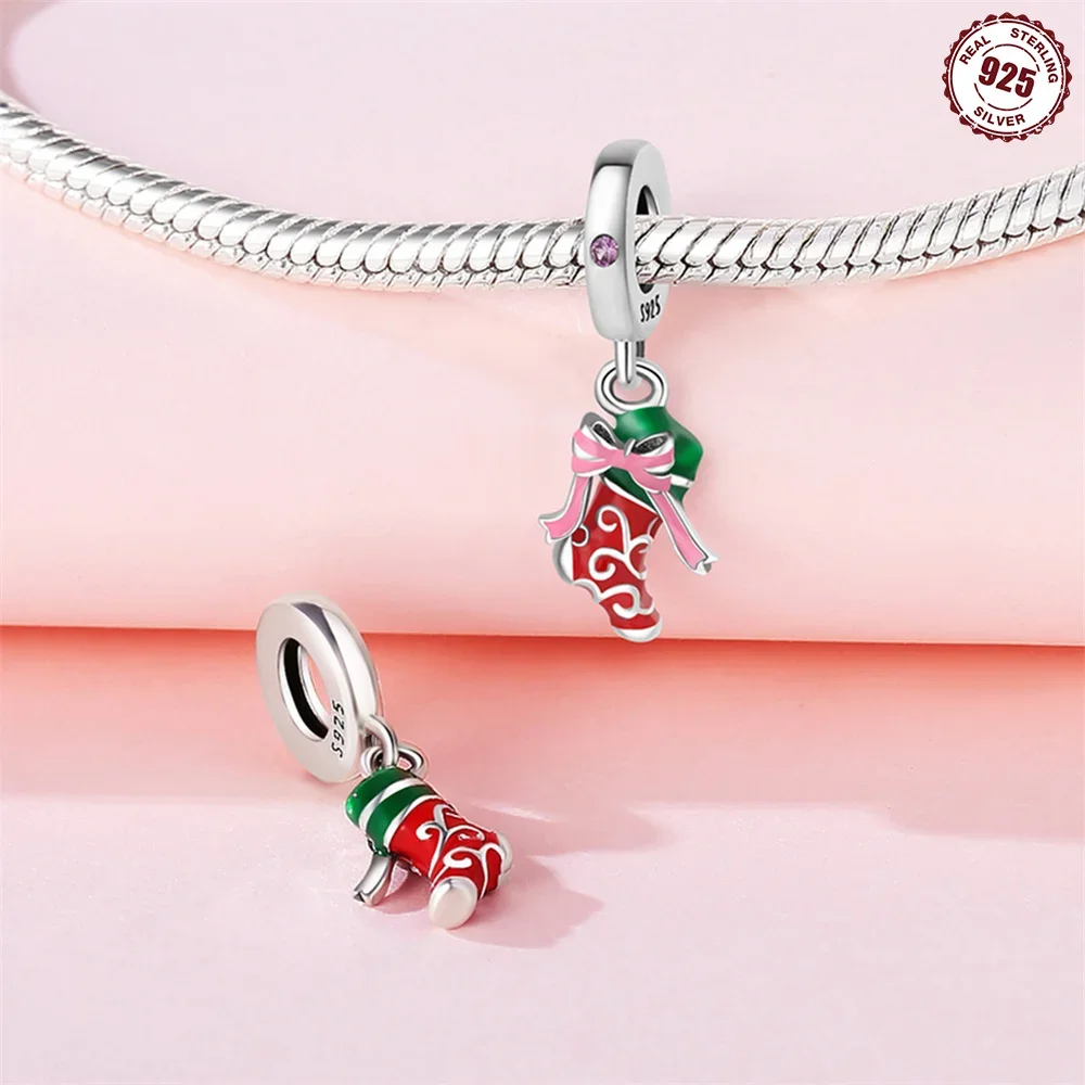 Merry Christmas Series Night Socks Cookies Elk 925 Sterling Silver Charms Beaded Fit Original Bracelet Diy Women's Gift