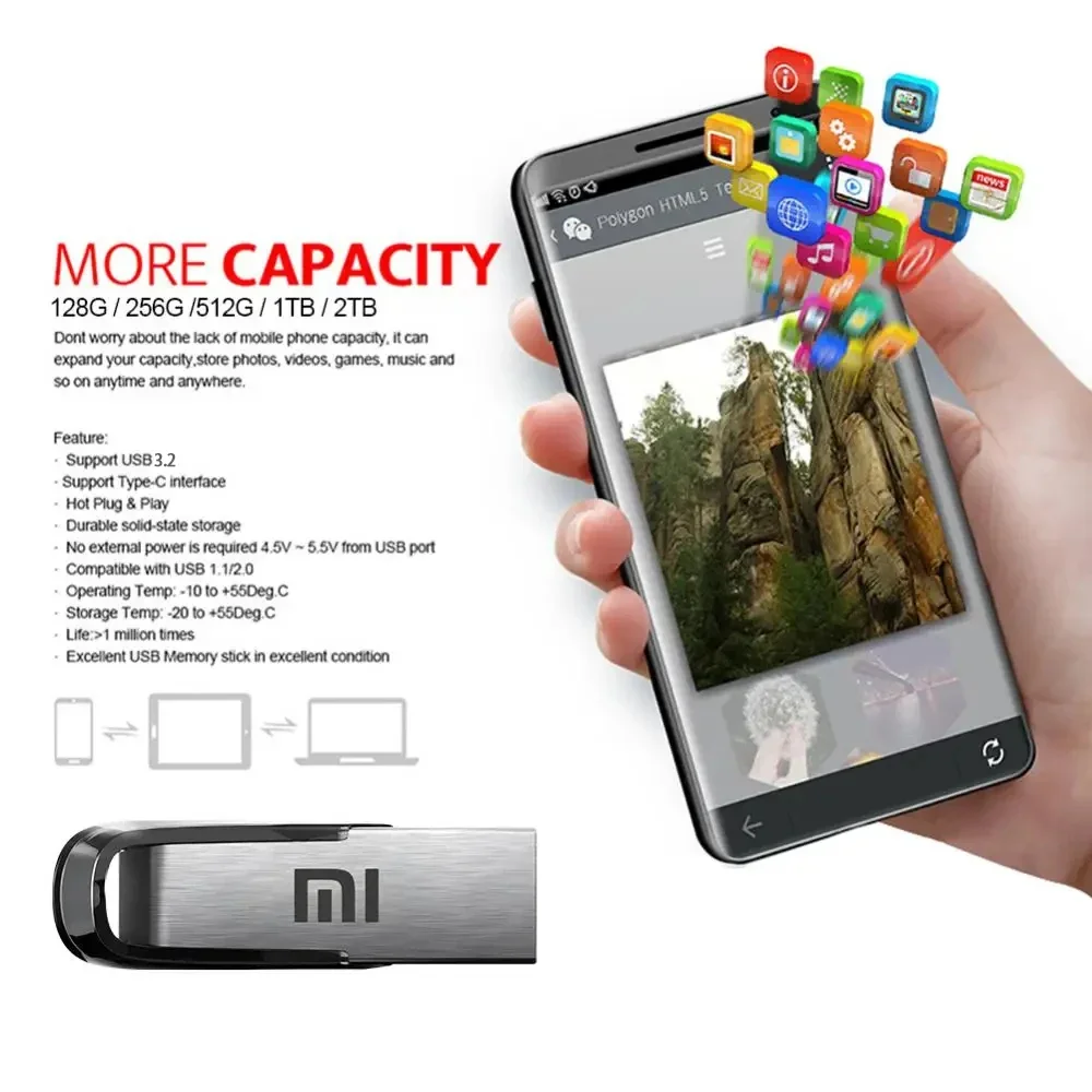 Xiaomi USB 3.2 Clé USB 2 To 1 To Haute Vitesse Pen Drive 512 Go 64 Go Adaptateur TYPE-C Pen Drive Métal Étanche Clé USB Disque Flash