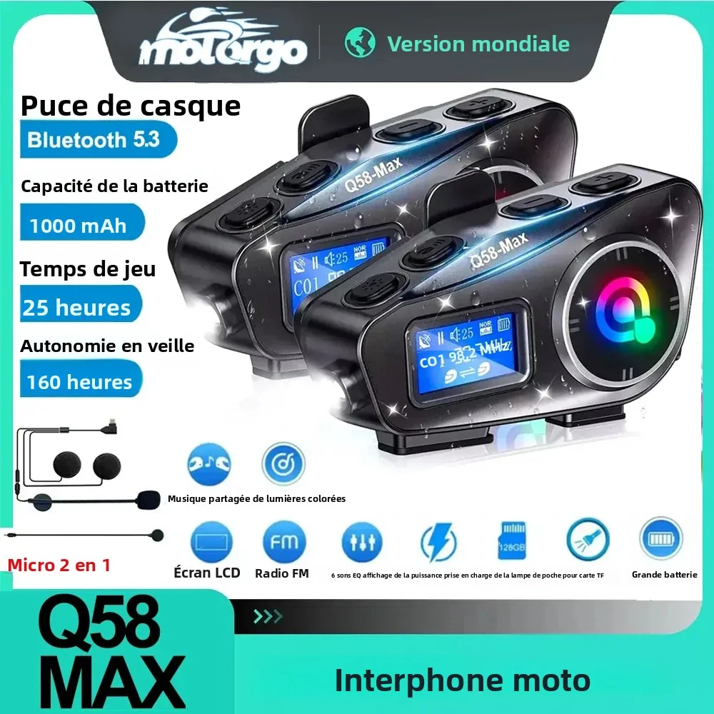 Interphone pour casque de moto, Bluetooth 5.3, écran LCD, casque pour 2 coureurs, avec partage de musique et lampe de poche, Interphone 500M