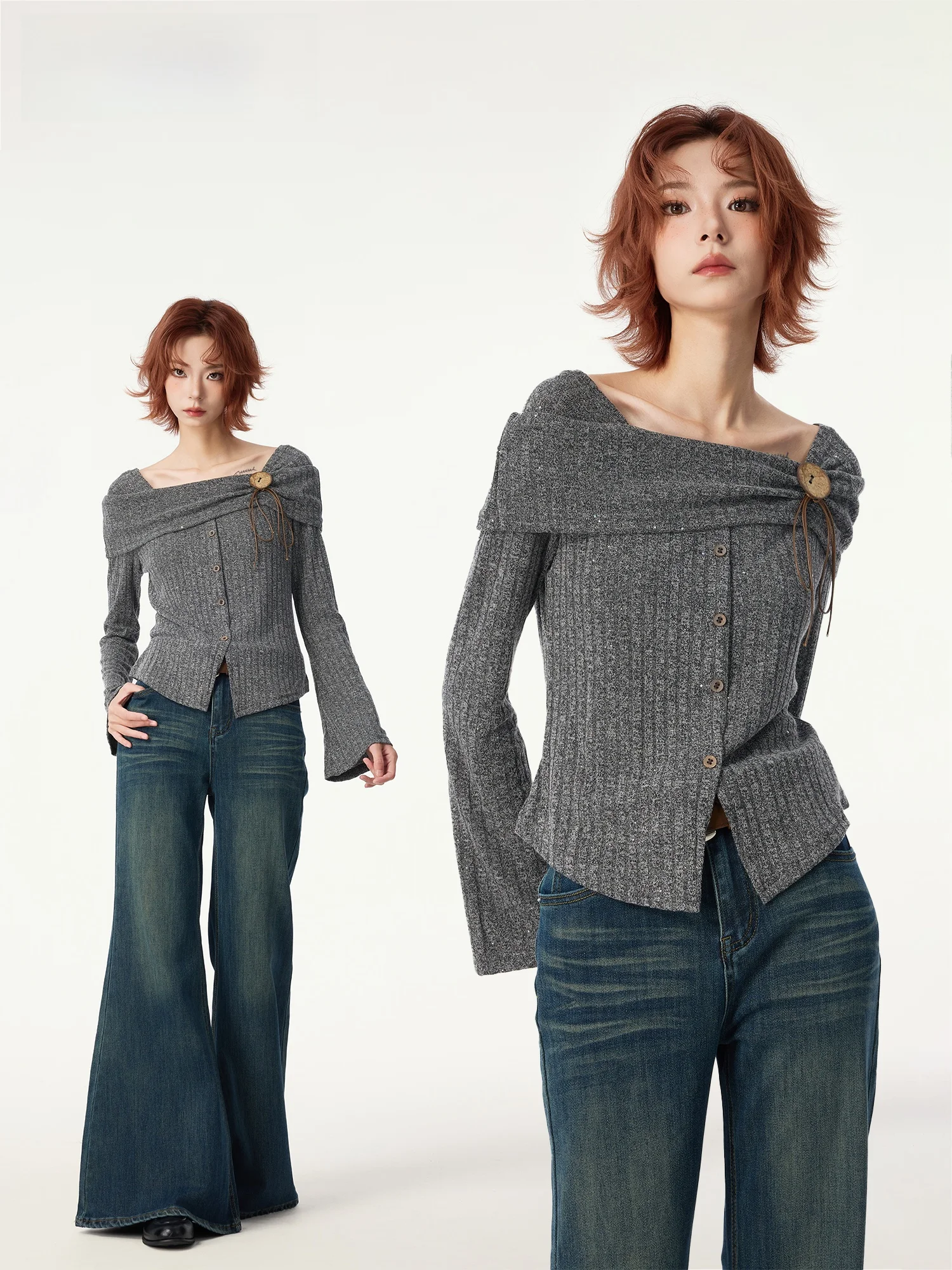 

ay Off-oulder Knitted Sweater Women's Micro Flare Sve Top Casual Sle Polyester Cotton Blend Long Sve Winter New