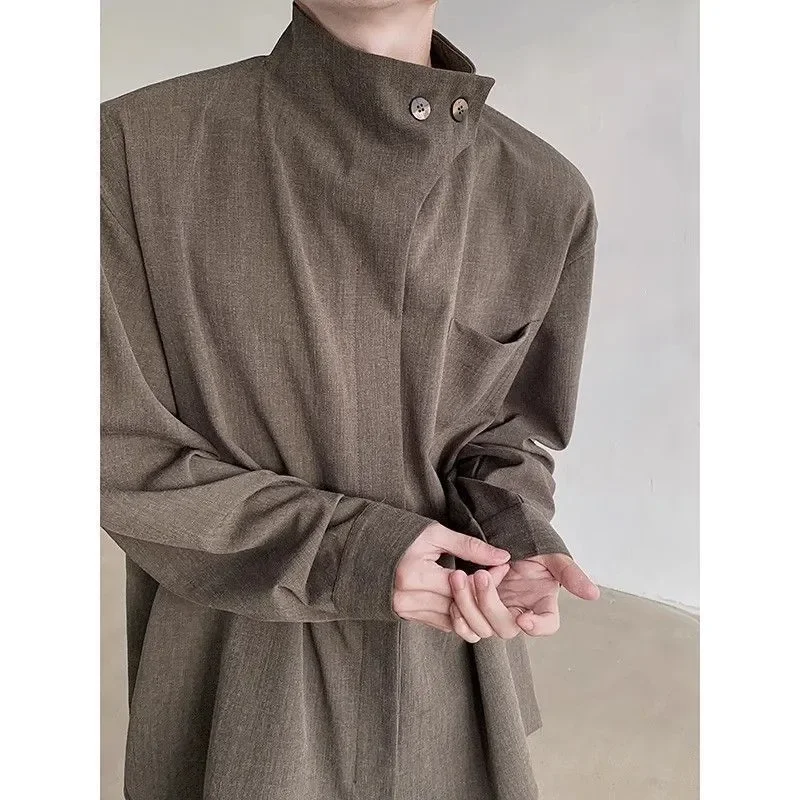 

Французская пуговица с воротником-стойкой в корейском стиле, модная верхняя рубашка с высоким воротником, свободная рубашка в стиле ретро, повседневная