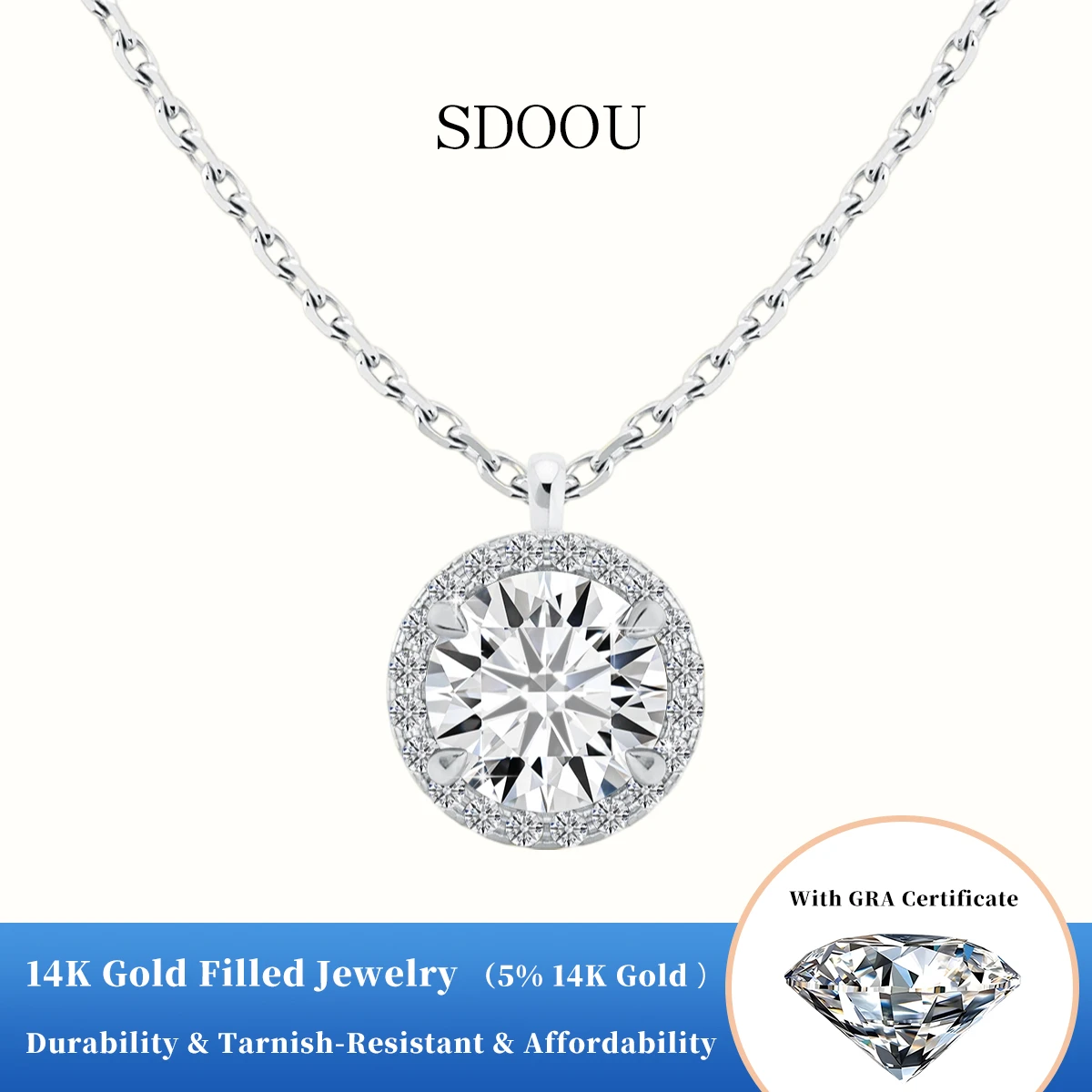 SDOOU Luxury 14K Gold Filled Necklace 0.5ct/1ct Halo Moissanite Pendant  D Color VVS Round Cut Wedding Jewelry Gift for Women