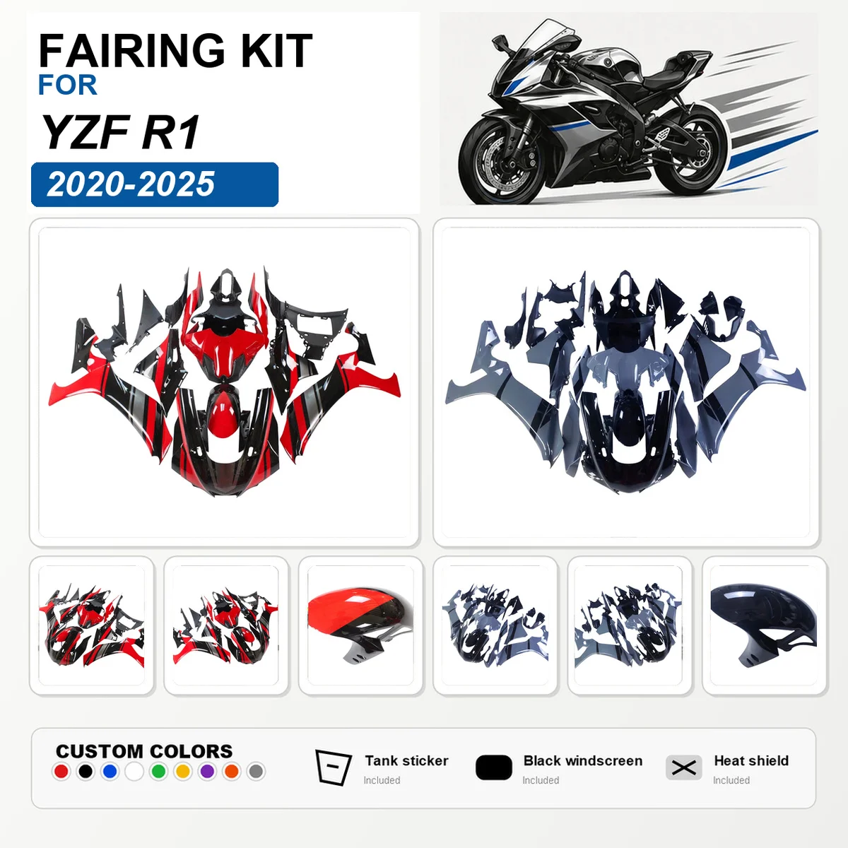Full Fairing Cowl Set for YZF-R1 2020-2025 RN65 Injection Moulding ABS Body Panels Covers Replacement Spares Sets