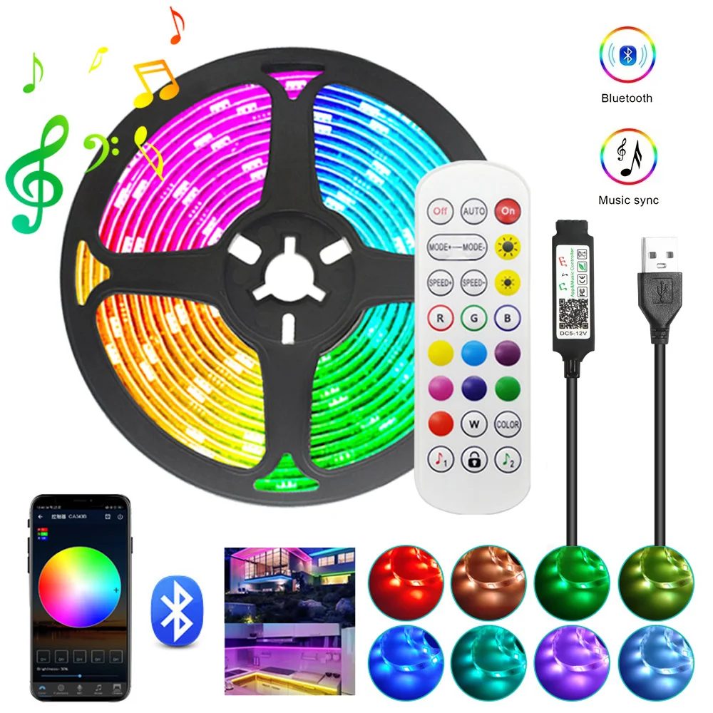 24Key APP Control LED Strip Lights 5050 RGB Not Waterproof Flexible Tape Ribbon Smart Color Change Room Decoration Luces Led