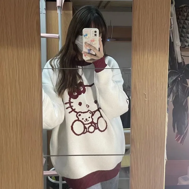 سانريو مرحبا كيتي المرأة تريكو سترة الكرتون أزياء الفتيات الخريف الشتاء فضفاضة الدافئة المطرزة جولة الرقبة البلوز سترة