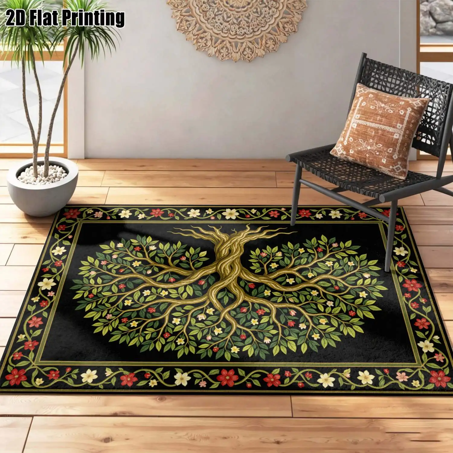 1Pc 2D Printed Carpet with Golden Life Tree Flower Pattern, European Retro Bohemian Geometric Style, Home Decor, Multiple Sizes, Machine Washable, Suitable for Entrance, Dining Room, Foyer, Bedroom, Living Room