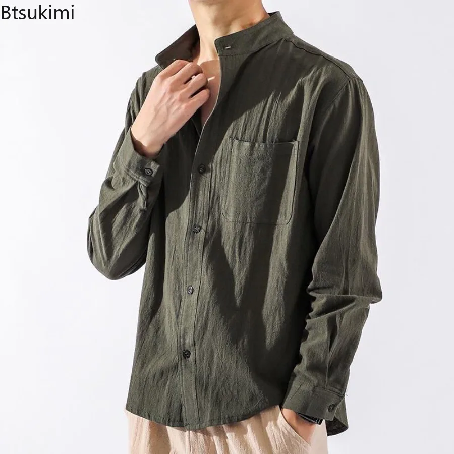 New 2025 Autumn Men's Cotton and Linen Solid Color Shirts with Pocket Fashion Trend Casual Loose Long Sleeves Cardigan for Men