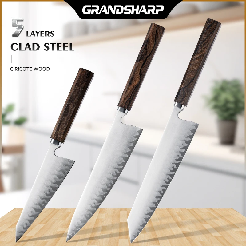 Grandsharp 1-3Pcs Japanese Chef Knife Set Hand-Forging 5 Layers Clad Steel Ciricote Wood Handle Used For Sashimi Sushi Raw Fish