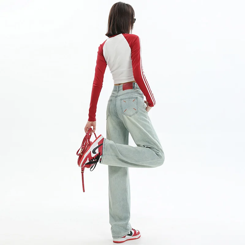 

Удобные для отдыха, приятные для кожи женские джинсы с высокой талией, винтажные широкие брюки с широкими штанинами, свободные универсальные прямые брюки со шлейфом