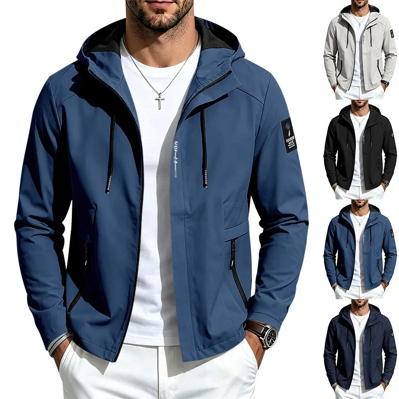 Men Hooded Windbreaker Jacket Long Sleeve Zipper Drawstring Casual Work Outerwear Coat Pocket Hiking Solid Splice Y2k Streetwear