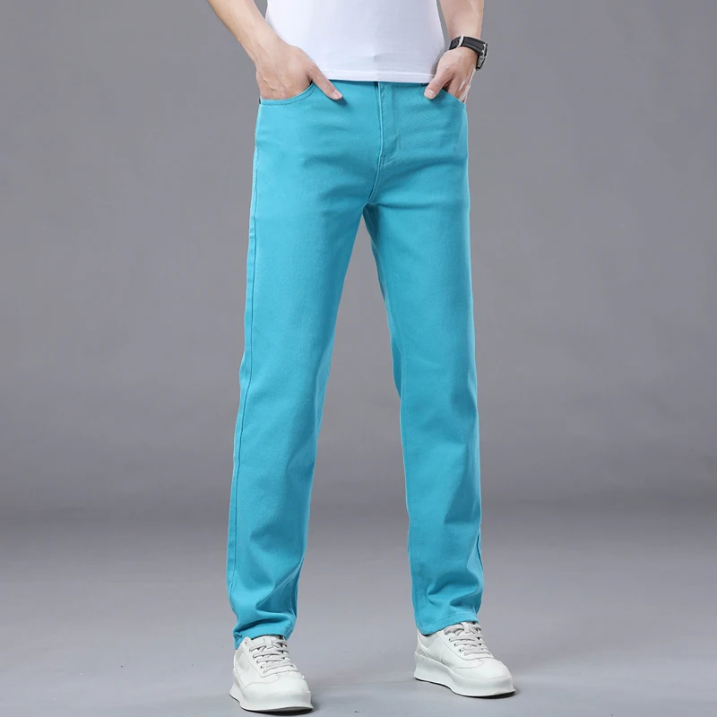 2025 Autumn Men's Elastic Colorful Jeans Breathable Casual  Straight Fitted Solid Color Denim Pants Korean Fashion Trousers