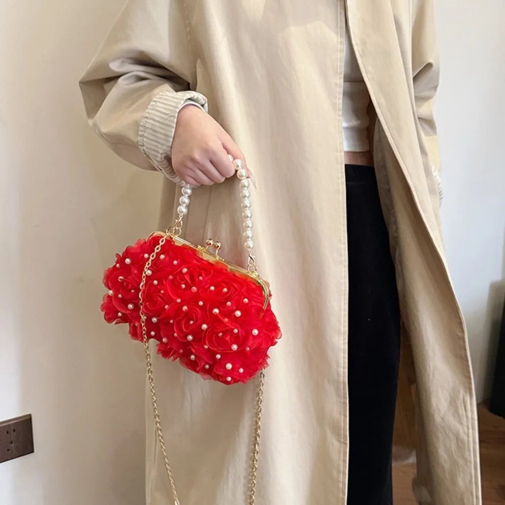 Rose Flower Evening Banquet Bag Pearl Elegant Pearl Chain Handbag Small Clutches Handbag Seashell Shape Crossbody Shoulder Bag