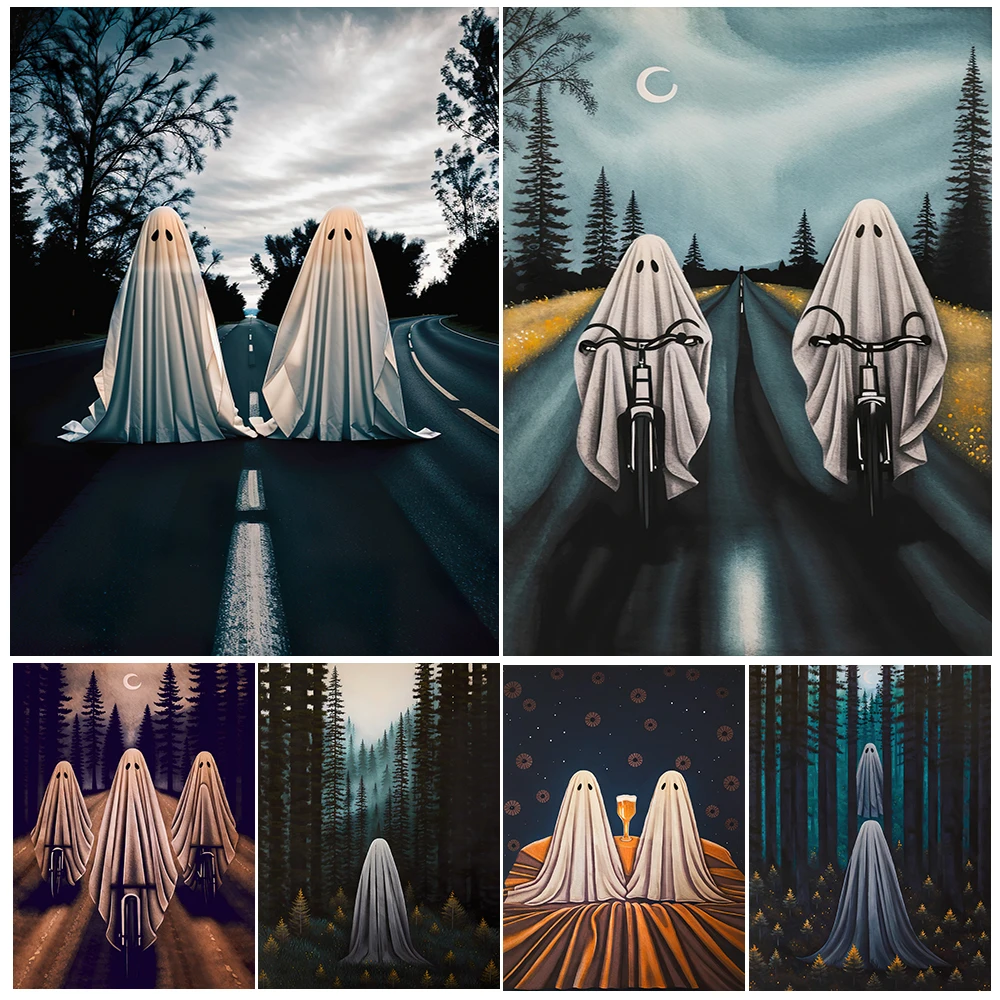 أشباح على الدراجات والأشباح في الغابة خمر الرسم على لوحات القماش الجدارية ورقة بيضاء شبح ملصق فني وطباعة ديكور المنزل #1