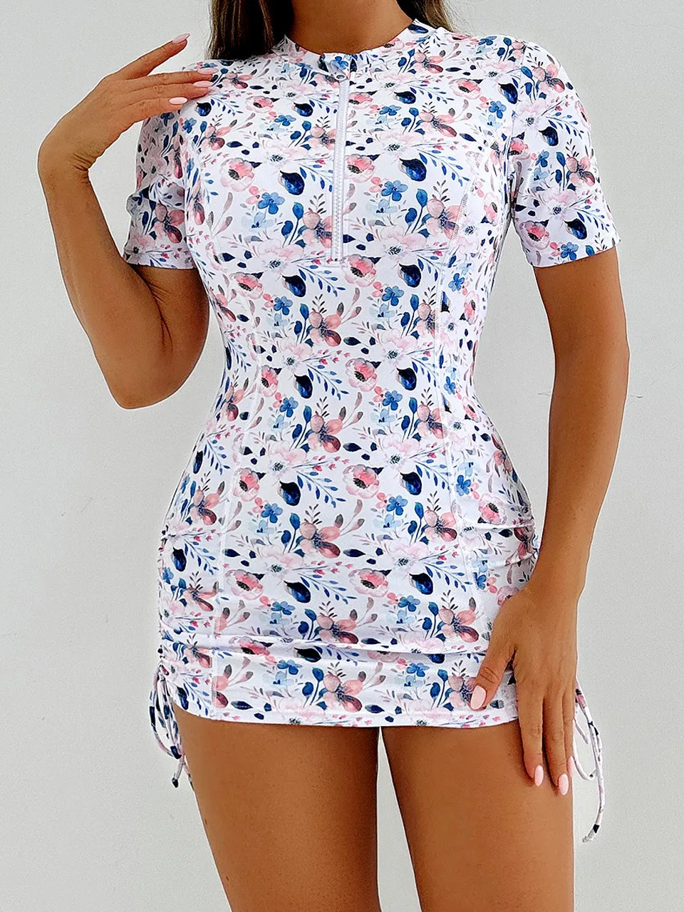 

Two Pieces Drawstring Swimsuit 2026 Women Short Sleeve Printed Swimwear Female Slim Bathers Bathing Swimming Swim Beach Suit