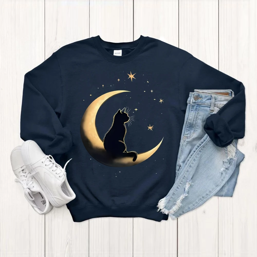 

Женские свободные толстовки в стиле ретро, топ с длинными рукавами, черные толстовки с принтом кота и луны, 100% хлопок, повседневная уличная одежда с круглым вырезом