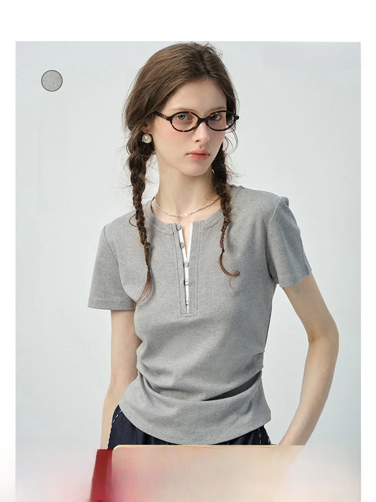 

Vega Chang ey ort Sve Women's T-irt 2026 New Summer Waist-Cinching ort Sle Commute oulder irt round Ne