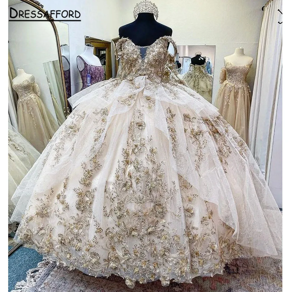 

Champagne Ball Gown Quinceanera Dresses Beaded Applique Flowers Beaded Sweet 15 16 Dress vestidos de xv años anos