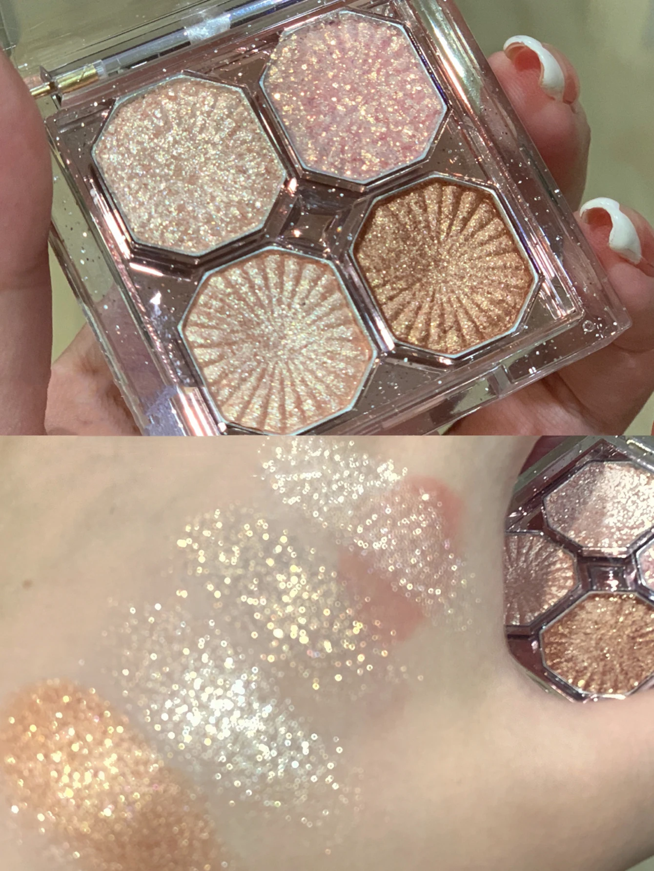 Palette di ombretti evidenziatori a 4 colori Starry Night: finitura glitter perlescente nei toni marrone/dorato/nudo, adatto ai viaggi