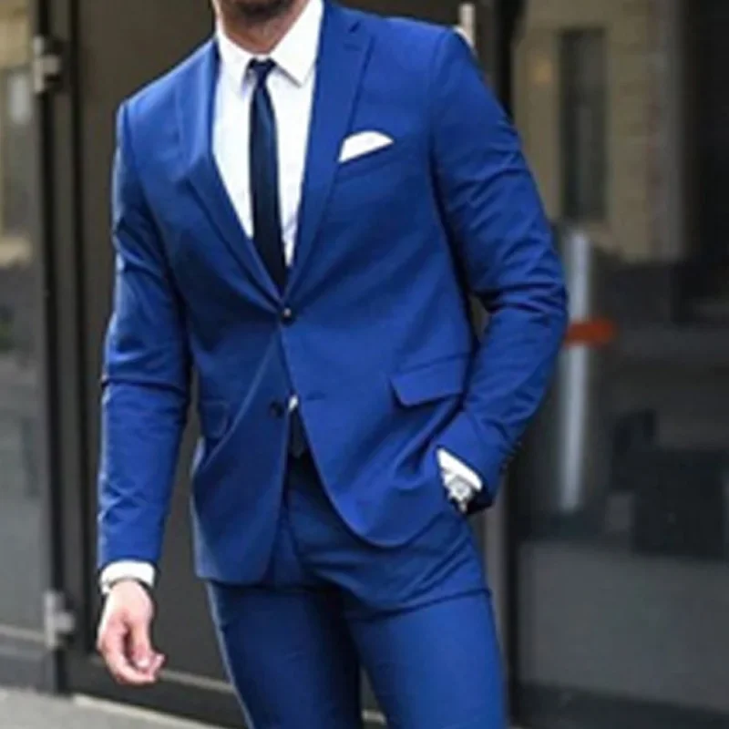 Royal Blue Silm Fit Men Suits For Groomsmen 2 Piece Custom Wedding Tuxedo New Male Fashion Jacket With Pants Man Costume