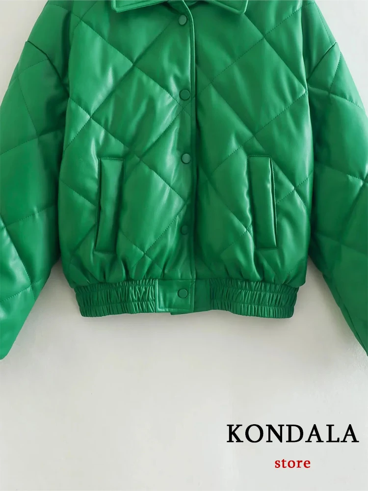 KONDALA Vintage Green Leather Loose Jackets Women Long Sleeve Single Buttons Turn Down Collar Coats Fashion 2022 Outwears