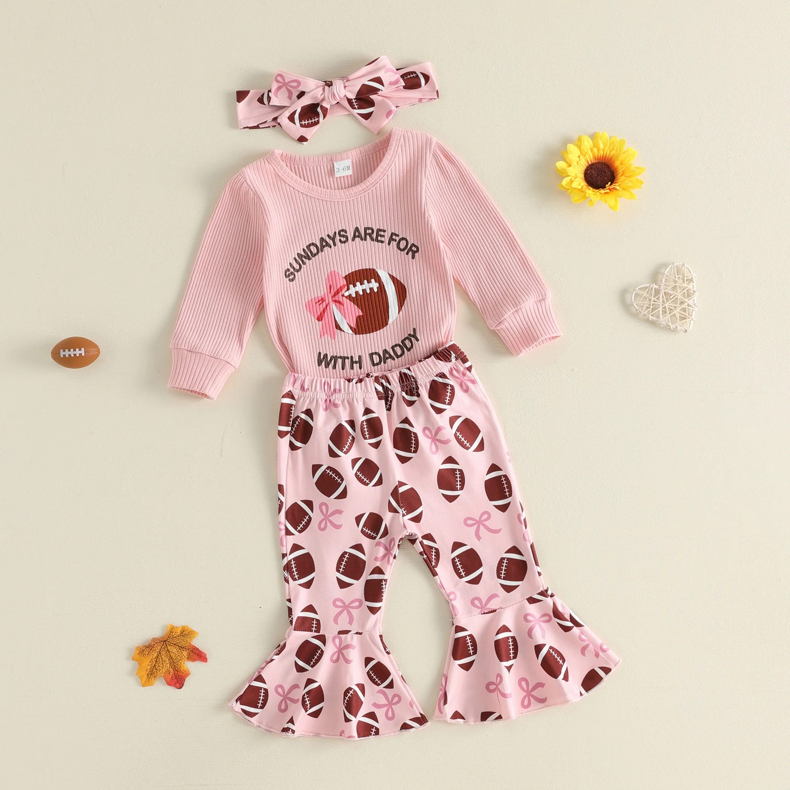 Tregren 0-18Months Infant Baby Girl Fall Outfit Casual Long Sleeve Romper + Flared Pants + Bow Headband 3Pcs Sets