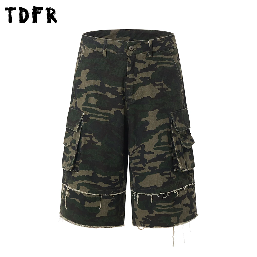 

Камуфляжные шорты-карго с необработанными краями, мужские карманные шорты в стиле сафари, летние свободные широкие короткие брюки для мужчин