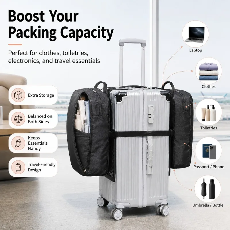 

Suitcase Side Storage Bag 2PCS Detachable Luggage Extender Pouch, Travel Organizer with Adjustable Straps