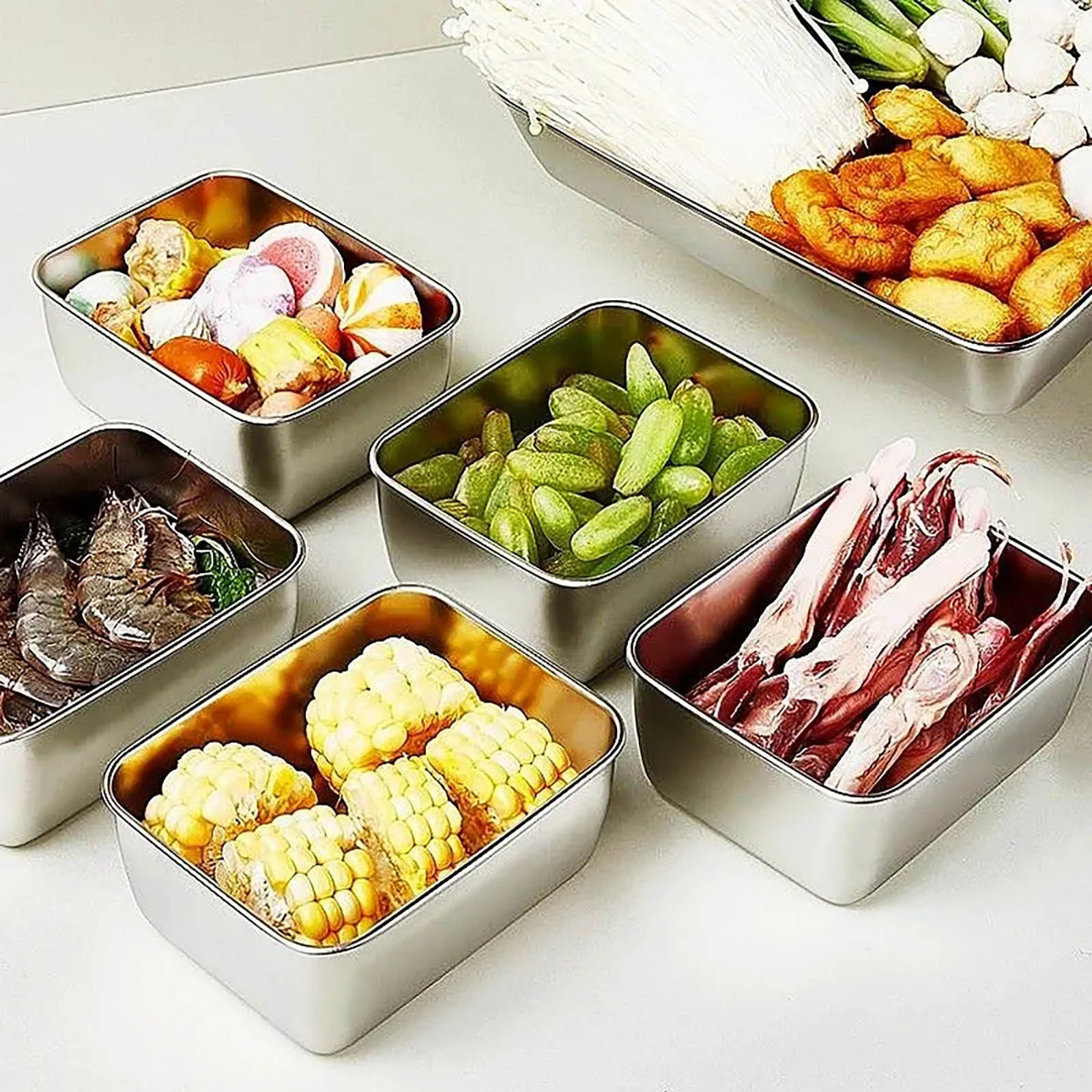 Stainless Steel Food Storage Serving Trays Rectangle Sausage Noodles Fruit Dish with Cover Home Kitchen Organizers