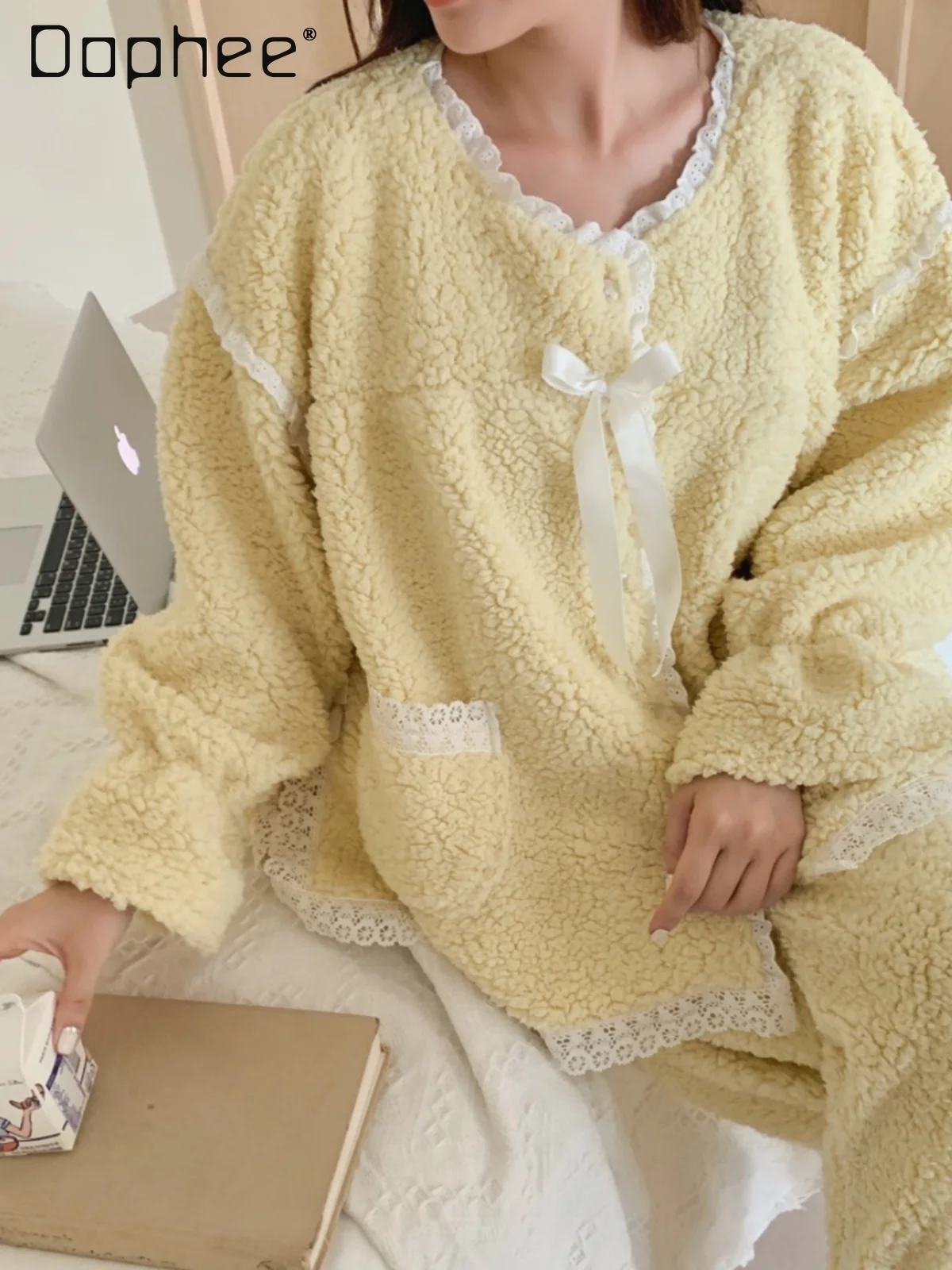 

Yellow Sweet Pajama Sets Korean Fashion Lace Patchwork Loose Flare Sleeve Round Collar Cardigan Loungewear for Women New