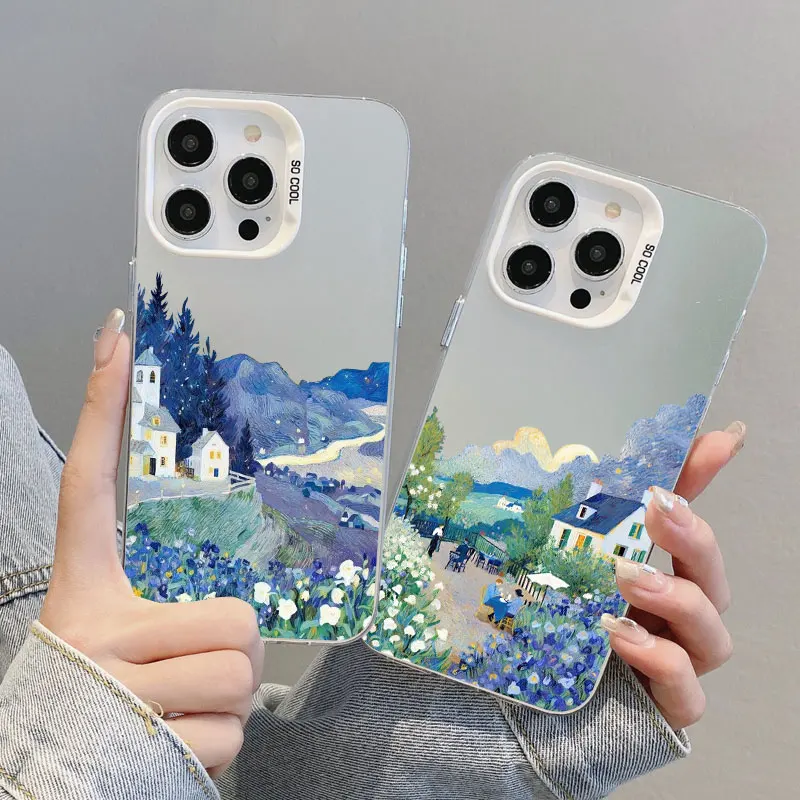 

Vintage Blue House Laser Phone Case For iPhone 11 13 12 Mini Pro Max 16 15 14 Plus Pro Max Shockproof White Back Cover Fundas