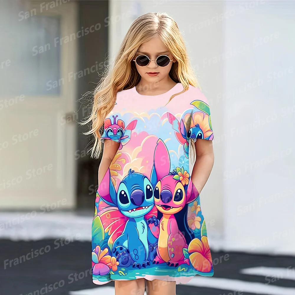 Summer Hot Sale Disney Blue Pink Stitch Girl Birthday Party Casual Dress KID/Adult Parent-Child Dress 3D Printed Love Cartoon