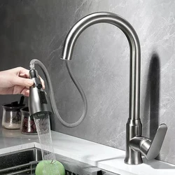 Gun Gray Brass Pull Out Kitchen Faucet 3 Modes Water Outlet Spout Water Mixer Tap 360 Degree Rotation Kitchen Sink Faucet