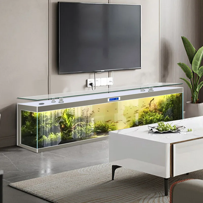 Living room large glass aquarium TV bench rectangular coffee table with fish tank