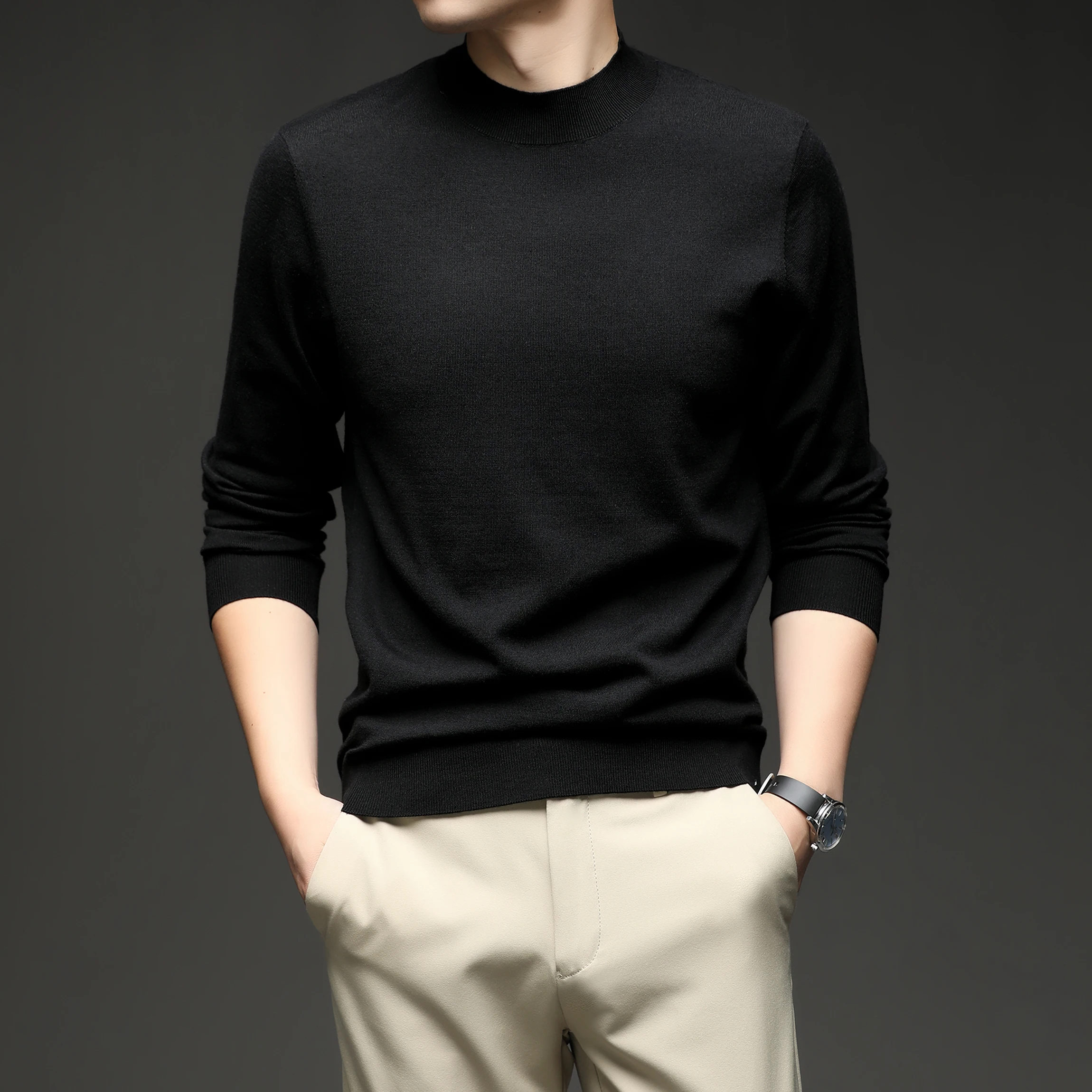 Lã de seda masculina malha t 2025 outono casual mock neck camisola fina manga longa lã de ovelha malhas pulôver roupas