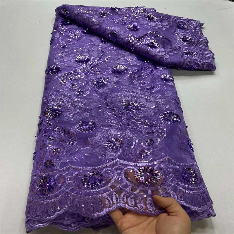 Purple Nigerian Tulle Lace for Bridal Gown, French Net Lace with Sequins, Senegal Fabrics, High Quality, 5 Yards, 2024