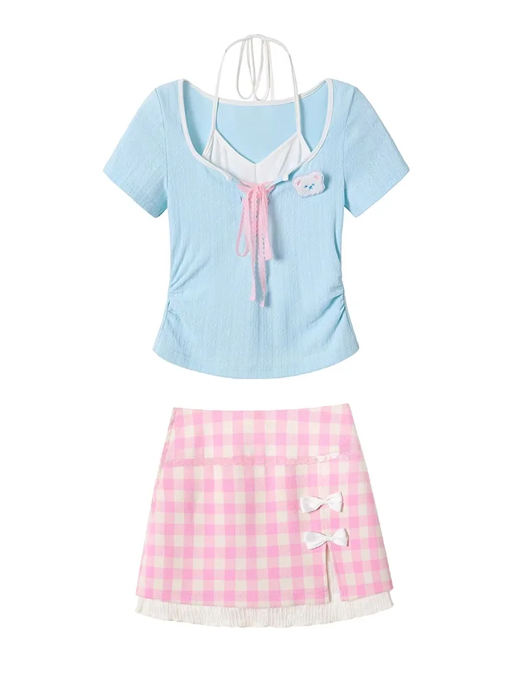 Sweet Dopaamine Women's Summer Short Sleeve T-Shirt And Halter Neck  Skirt Two-Piece Set Pastel Checkered Print Office Ca... view 4