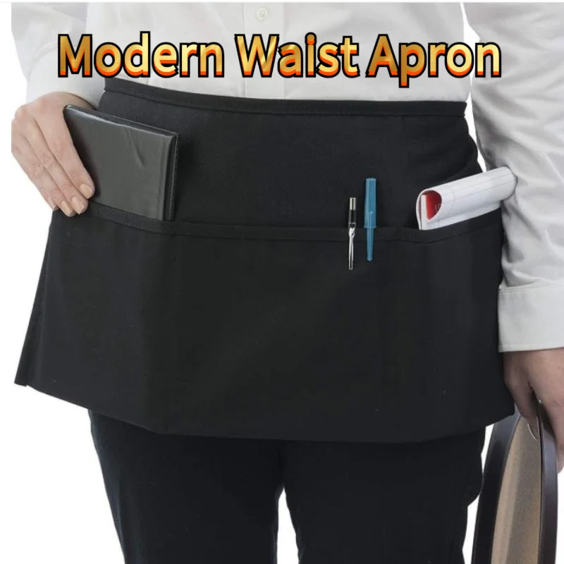 Modern Waist Aprons,, Large Pocket for Barista, Server, Bartender - Black Half Bib Work Apron for Cafe & Restaurant〔CC88〕