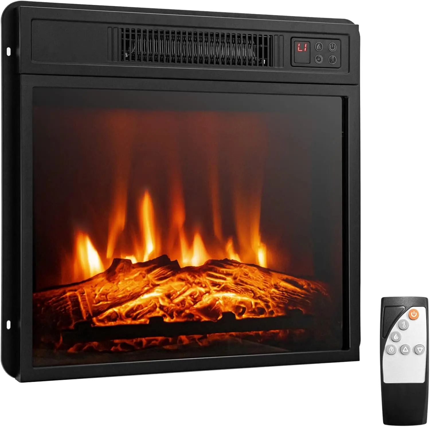 Electric fireplace inserts, with adjustable flame and heat, built-in timer and thermostat, control panel and remote control