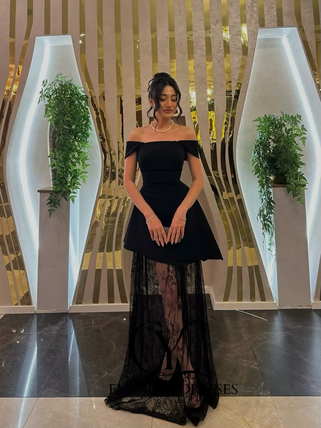 CUYUN Black Elegant Women Prom Dresses Off the Shoulder Patchwork Lace Party Gown Customized A Line Formal Evening Dress Banquet image 4