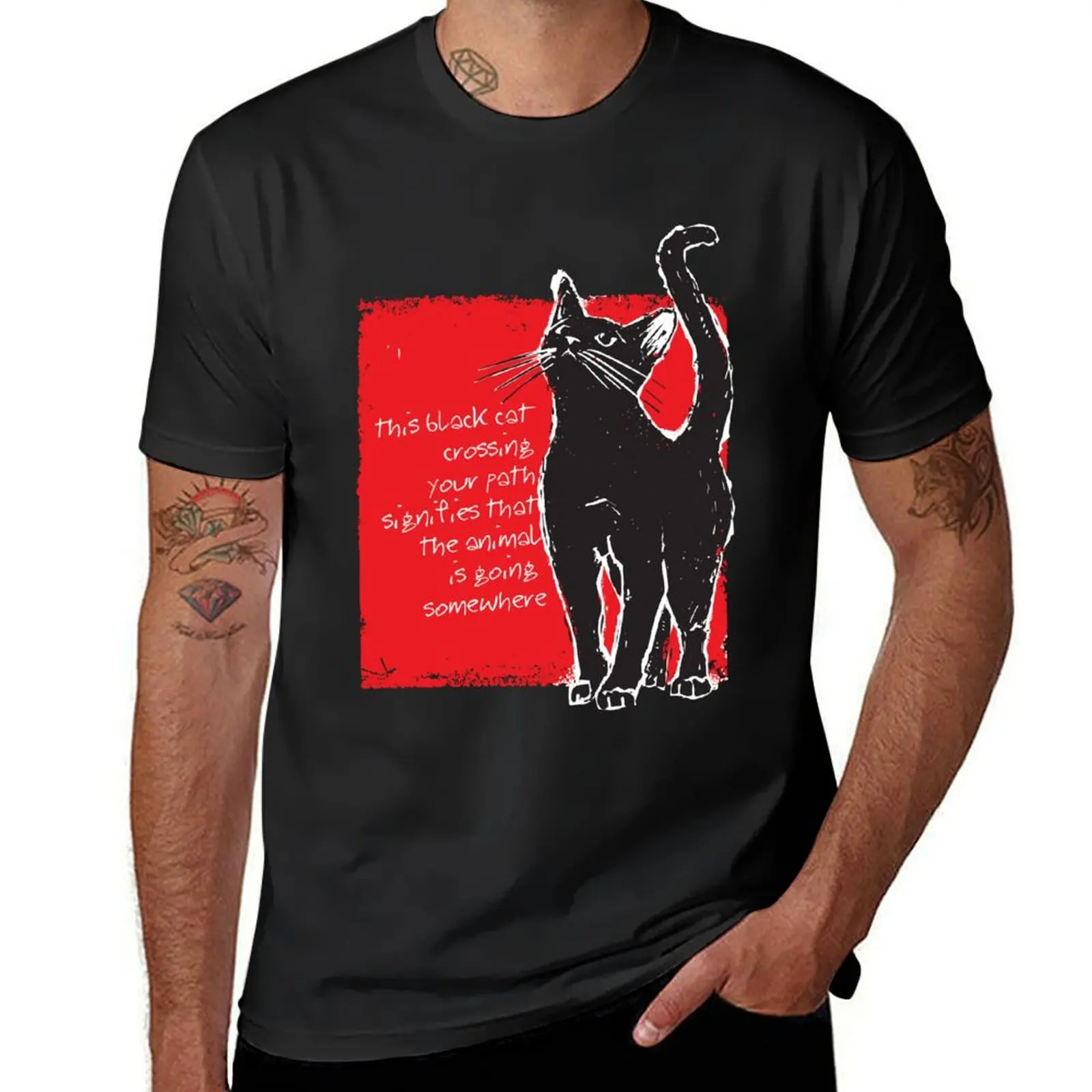 Black cat crossing your path. Linocut. T-Shirt anime vintage Short sleeve tee oversized t shirts for men